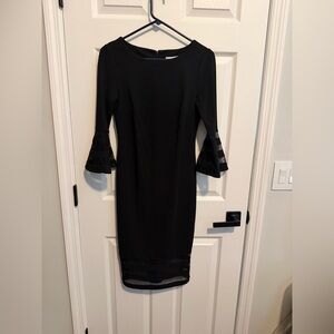 CALVIN KLEIN BELL SLEEVES SHEATH DRESS W/ MESH, BLACK